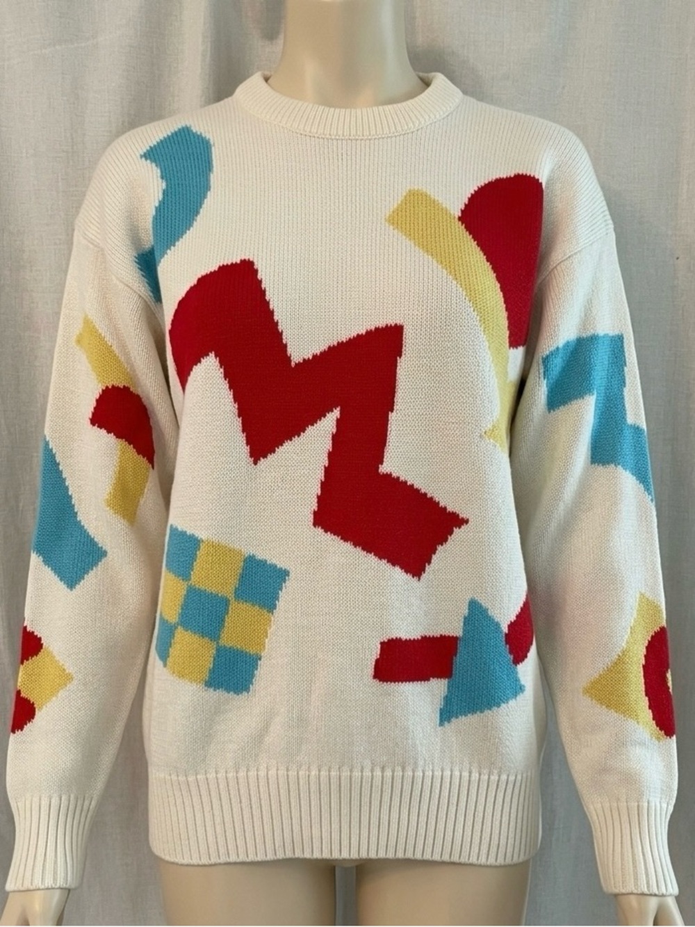 Women’s Vintage Wool Blend Cream Crewneck Sweater with Abstract Pattern